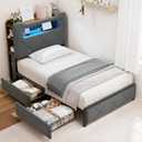 Twin Upholstered LED Bed Frame with 2 Storage Drawers and 2-Tier Storage Bookcase Headboard, Velvet Platform Bed for Kids/Girls/Boys, Heavy Duty Metal Support, No Box Spring Needed, Grey