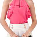 WDIRARA Women's Ruffle Trim Keyhole Halter Neck Wrap Sleeveless Blouse Casual Top Shirt Pink Small