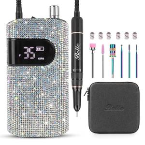 Professional Rechargeable Nail Drill Machine, Belle 35000RPM Electric Nail File Cordless Portable Nail Drill with Coreless Motor for Acrylic Nails, Manicure Pedicure Tool, Crystal Diamond
