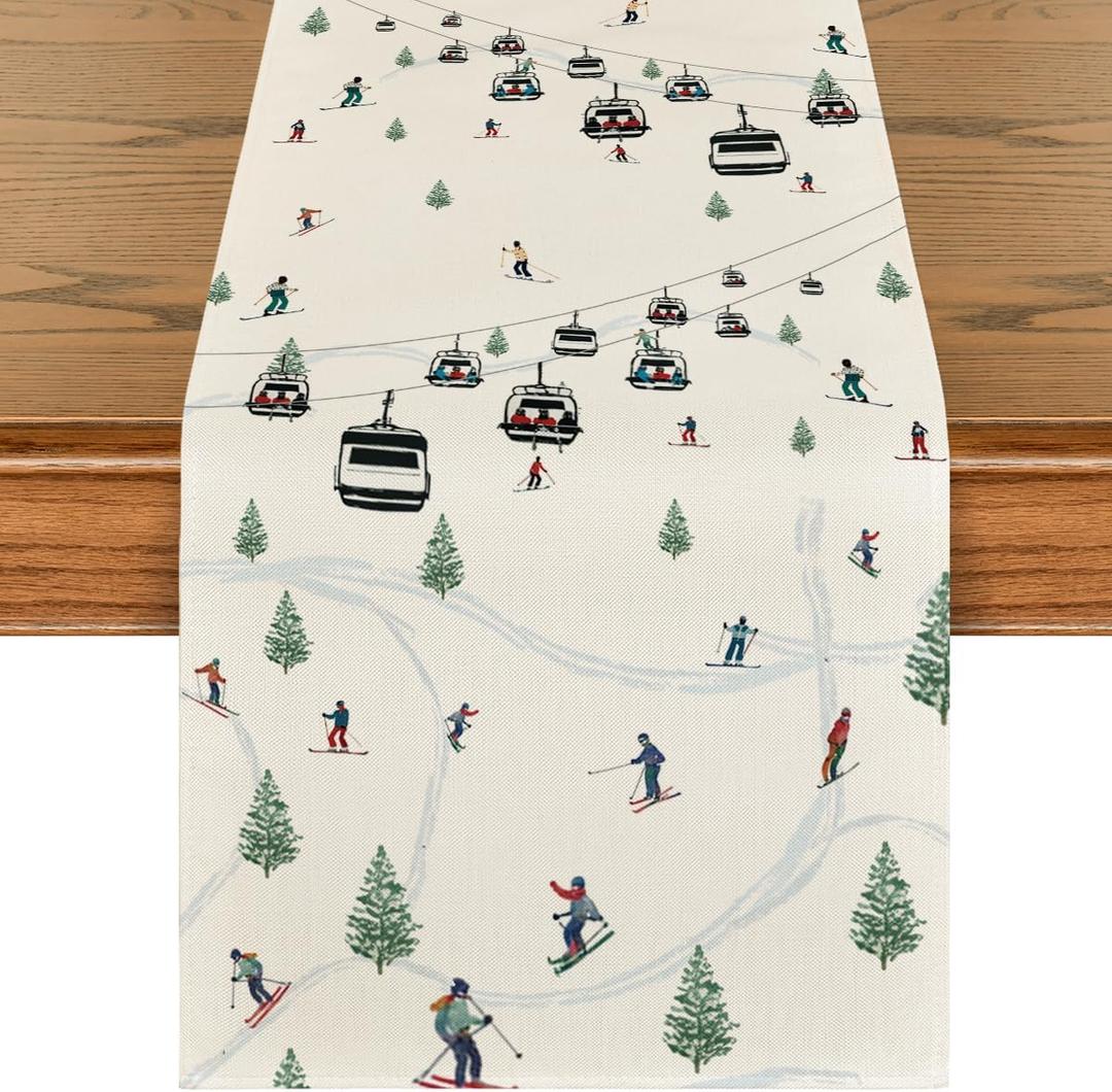Artoid Mode Ski Lift Pine Tree Skiing Snow 210 GSM Winter Table Runner, Seasonal Kitchen Dining Table Decor for Home Party 13x36 Inch (Beige)