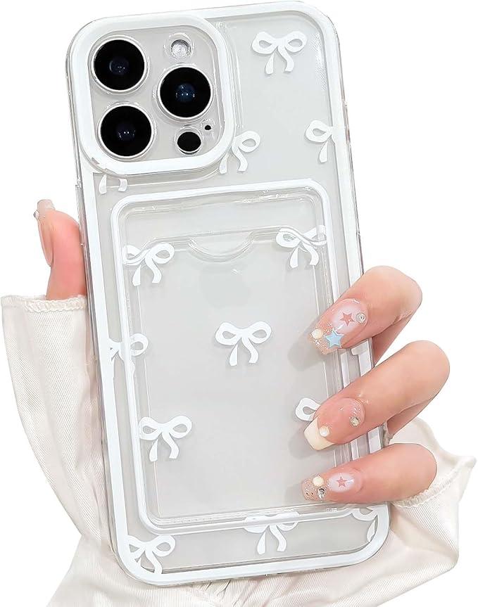 NITITOP Compatible with iPhone 16 Case with Card Holder Clear Cute Bow Ribbon for Women Girls Colorful Frame Soft TPU Wallet Shockproof Protective Cover - White