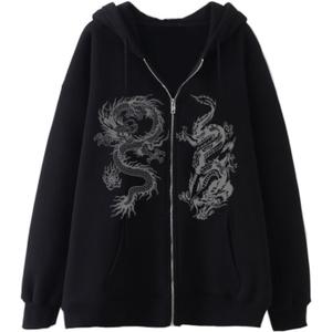 Aobiono Women Men Y2K Zip Up Oversized Hoodie Gothic Dragon Graphic Emo Grunge Alt Baggy Fleece Jacket 90s Punk Streetwear (Large, Black)
