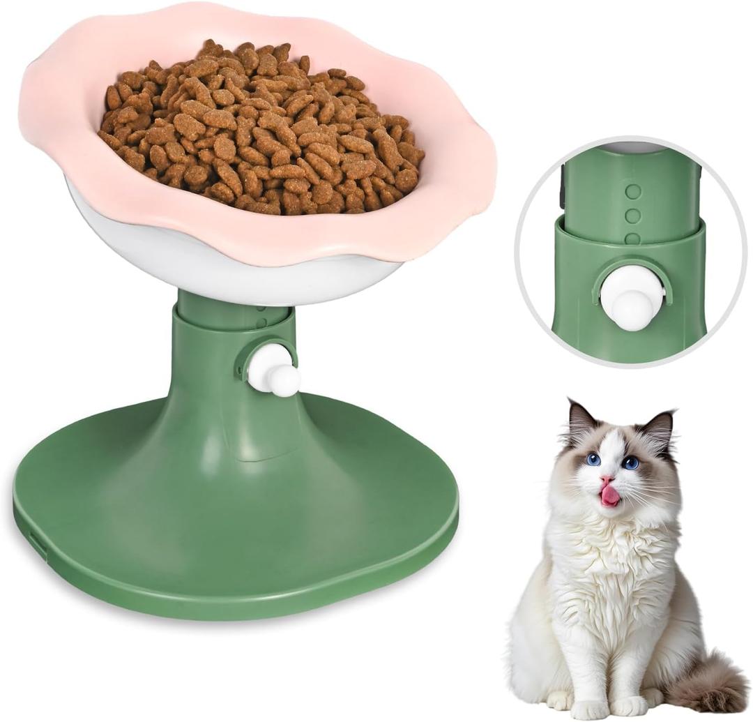 Adjustable Ceramic Elevated Cat Bowls, 30° Tilted Raised Cat Bowls, Neck Protection, Whisker-Friendly, Leak Proof for All Age Cats & Dogs, Lace (Pinkish Green)