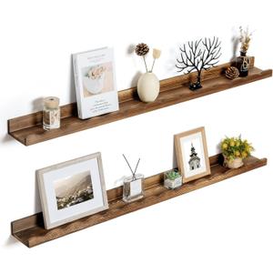 Fun Memories Picture Ledge Shelf for Wall, 48 inch Pine Wood Nursery Book Shelves Set of 2- Wall Book Shelves for Kids Room, Home Decor - Kitchen Spice-Carbonized