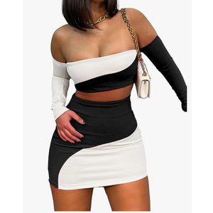 Women's Summer Two-Piece Skirt Sets Sexy Off Shoulders Top Y2K Going Out Short T-Shirt Sets Mini Dress Outfits D293, Size S