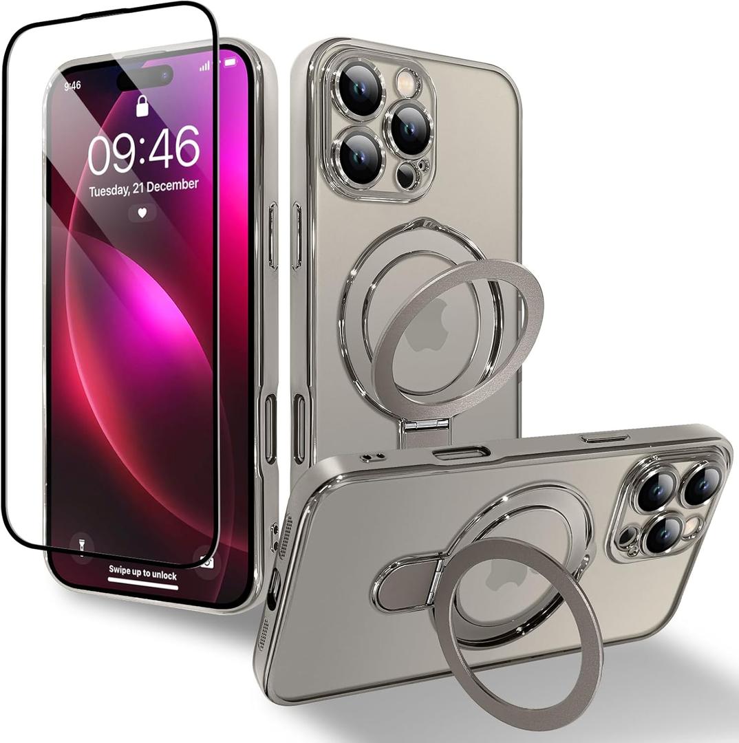 OOK Magnetic Case for iPhone 16 Pro Max [Compatible with MagSafe] Phone Case with Camera Lens Protector Kickstand Screen Protector Anti-Scratch Shockproof Cover for Women Men - Natural Titanium