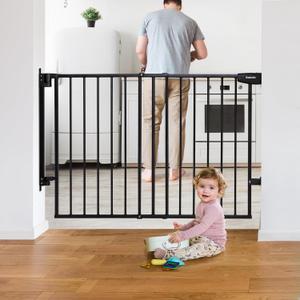 Babelio 29.7-46.5" No Bottom Bar Baby/Dog Gate for Stairs, House and Doorways, Auto Close Safety Pet Gates with Large Walk Thru Door, Hardware Mount, Black (29.7-46.5"W x 28"H, Boundless - Black)