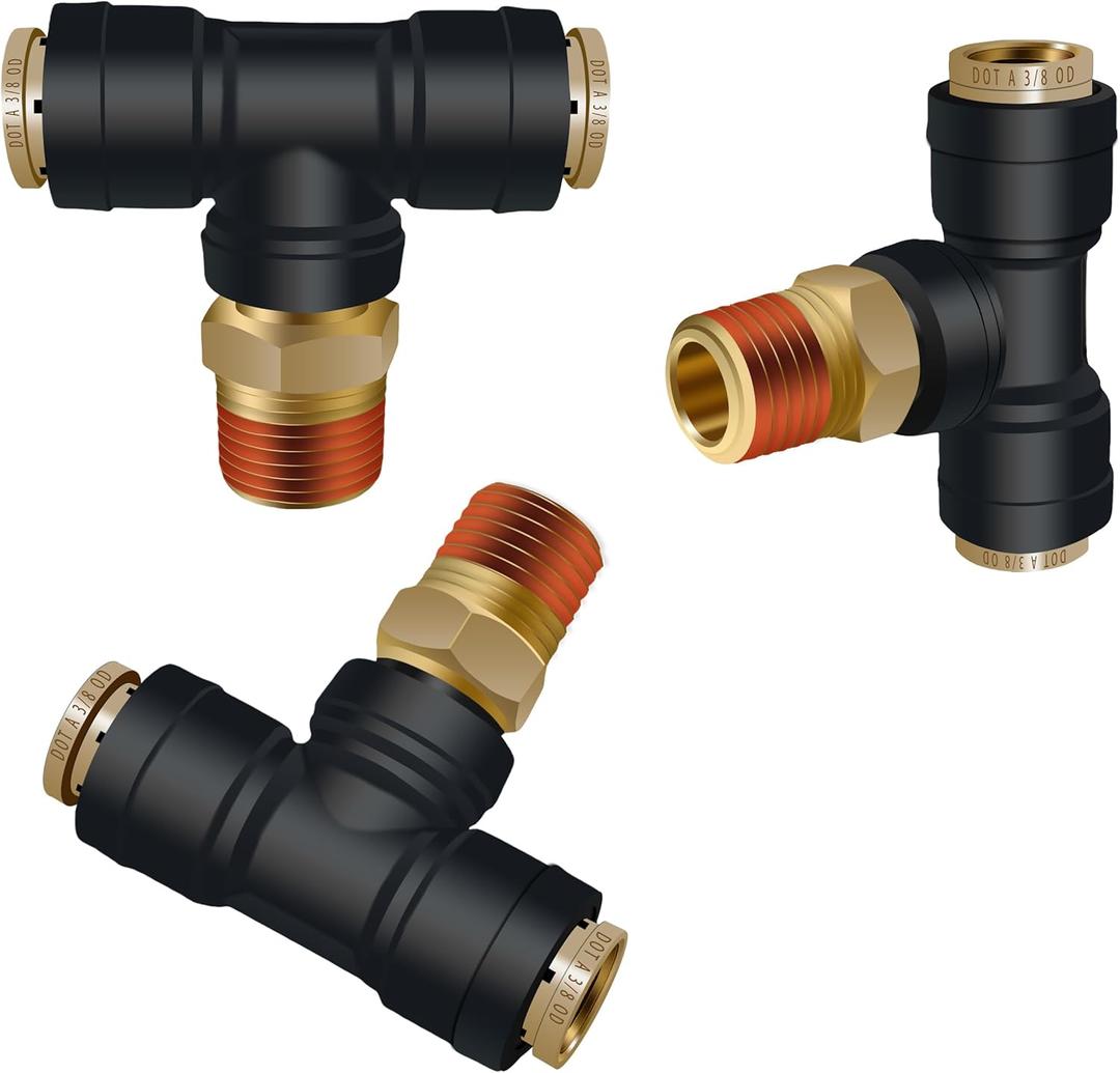 3/8" DOT Air Line Fittings Tee 3PCS, 3/8" Tube OD x 3/8" NPT Thread Tee Union PTC/PTCR & Brass Air Brake Push-To-Connect Fittings for Truck Trailers and Air Brake System
