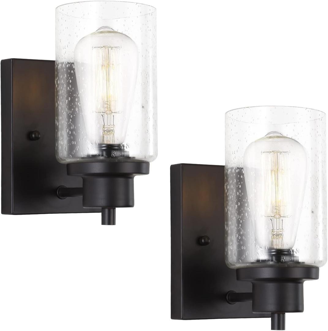 2-Pack Bath Vanity Light Fixtures Wall Sconces, Modern Indoor Bathroom Wall Lights with Seeded Glass, Black Wall Light Fixtures for Bedroom Mirror Kitchen Living Room Entryway Patio