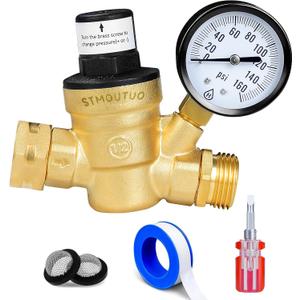 STMOUTUO RV Water Pressure Regulator, Brass Lead-Free Adjustable Water Pressure Reducer with Pressure Gauge, includes 2-in-1 Screwdriver, 2 Strainers, Raw Tape for RV Camper and Travel Trailer, Yard.