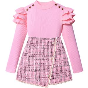 Girls Clothes Skirt Set Fall Winter Long Sleeve Ruffle Top And Plaid Skirt Girls Clothing Set 2 Piece Outfit (Pink)