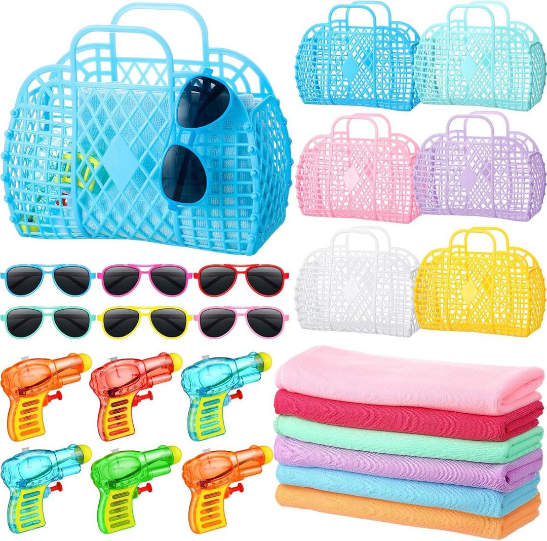 48 Pcs Pool Party Favors for Kids Beach Party Favors, Reusable Jelly Basket Neon Sunglasses Absorbent Beach Towel Mini Water Guns End of School Gifts for Kids Summer Themed Birthday Supplies