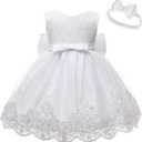 0-6T Baby Girl Party Dress Toddler Lace Embroideryr Evening Dresses with Headwear (White)