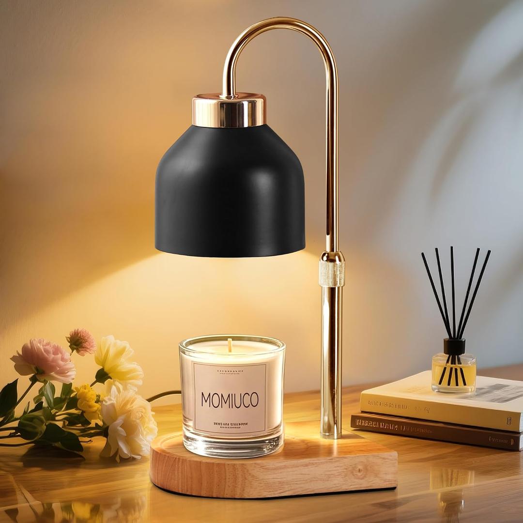 Candle Warmer Lamp with Timer and Dimmer, Height Adjustable Wax Melt Warmer for Jar Candles, Modern Retro Black Glass Shade with Wood Base, Aesthetic Home Decor, Birthday Gifts for Women Mom