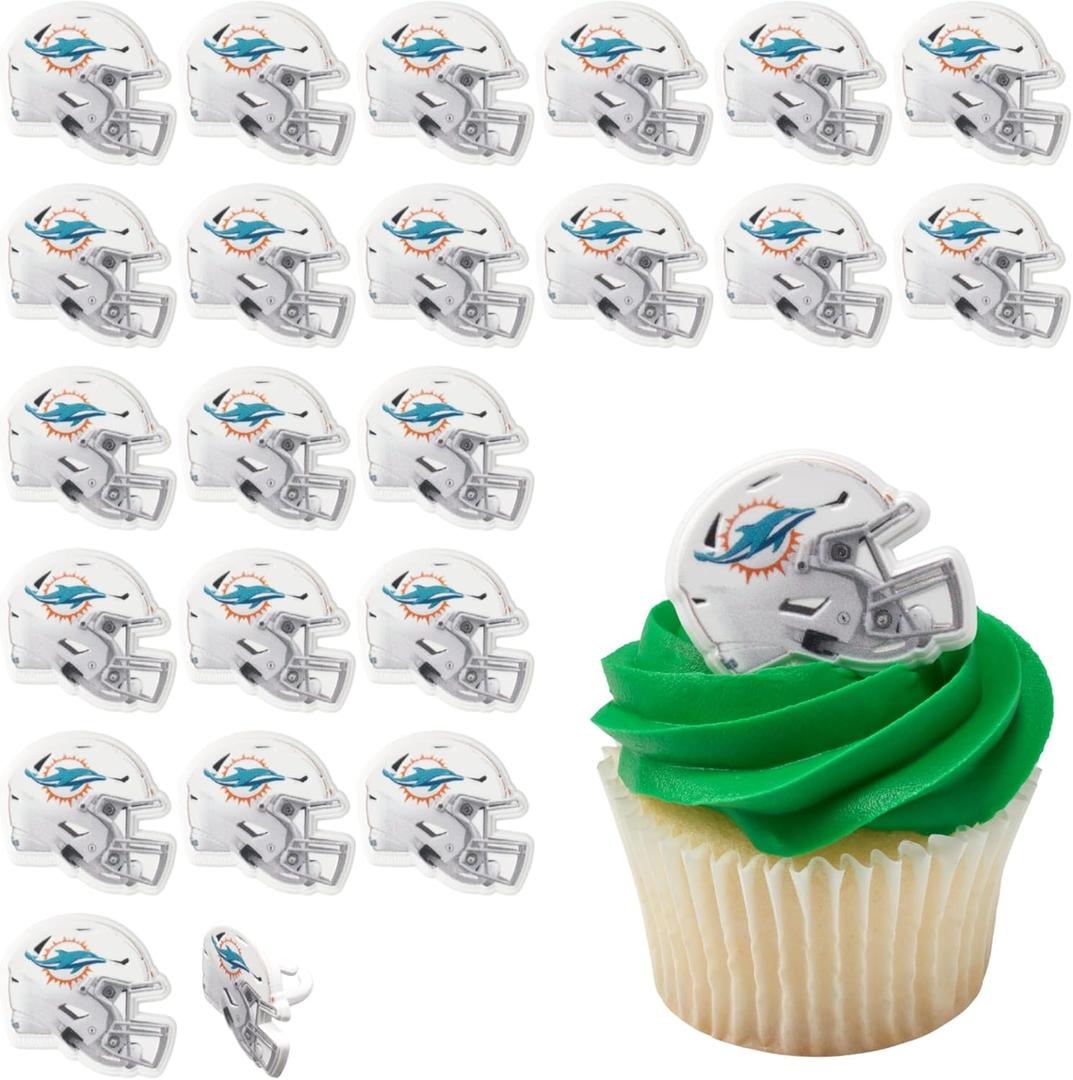 DecoPac NFL Miami Dolphins Helmet Rings, 24 Football Cupcake Decorations, Officially Licensed, Football Rings, Food Safe Cake Toppers  24 Pack