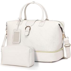 Leather Weekender Bags for Women, Travel Duffel Bag PU Overnight Bag Carry On Tote Bag with Shoe Compartment Wet Pocket (Large, Beige)