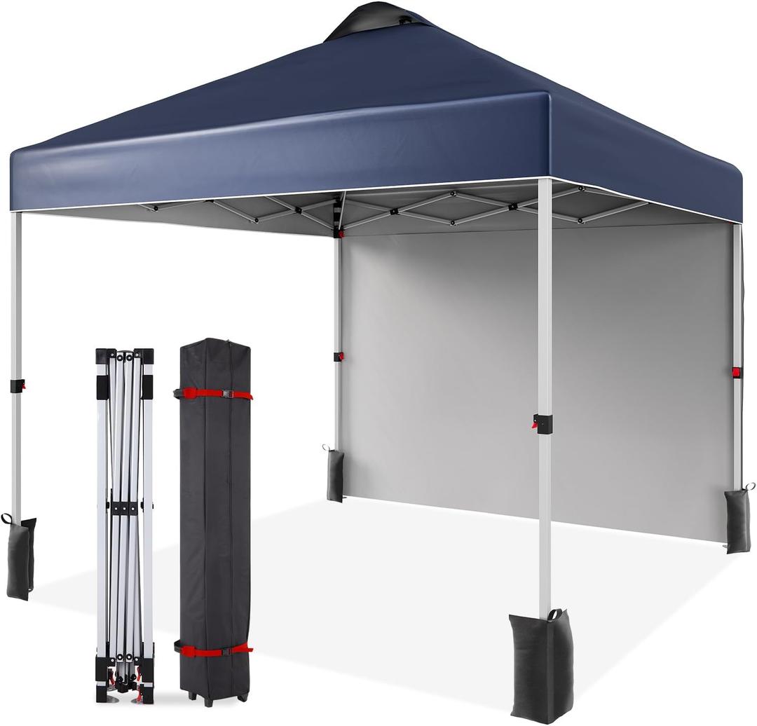 10'x10'Pop Up Canopy Tent with 1 Sidewall & Vented Roof,One Push Setup Instant Shade Shelter for Beach,Camping, Events,Includes STO-N-Go Bag, 8 Stakes, 4 Ropes & Sandbags (Commercial-Grade),Navy Blue