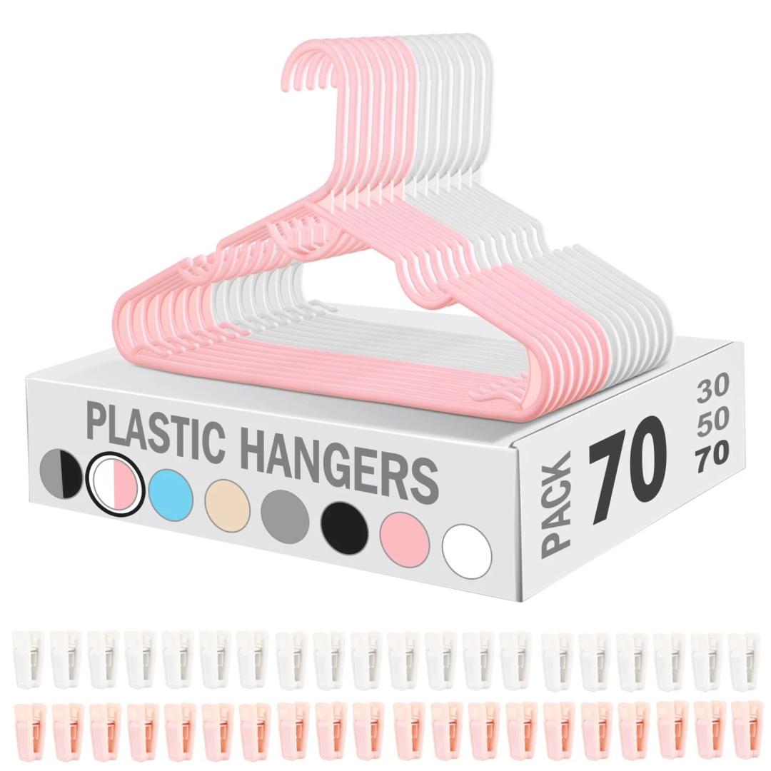 70 Stackable Nonslip Clothes Hangers - Adults Suit Hangers with 40 Additional Clips - Space Saving - Pink & White