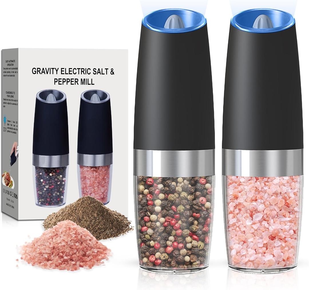 Battery Operated Salt And Pepper Grinder Set with LED Light, Automatic Electric Gravity Salt And Pepper Shakers Set, Each 6 AAA Batteries Needed, Adjustable Roughness, 2 Pack (Black)