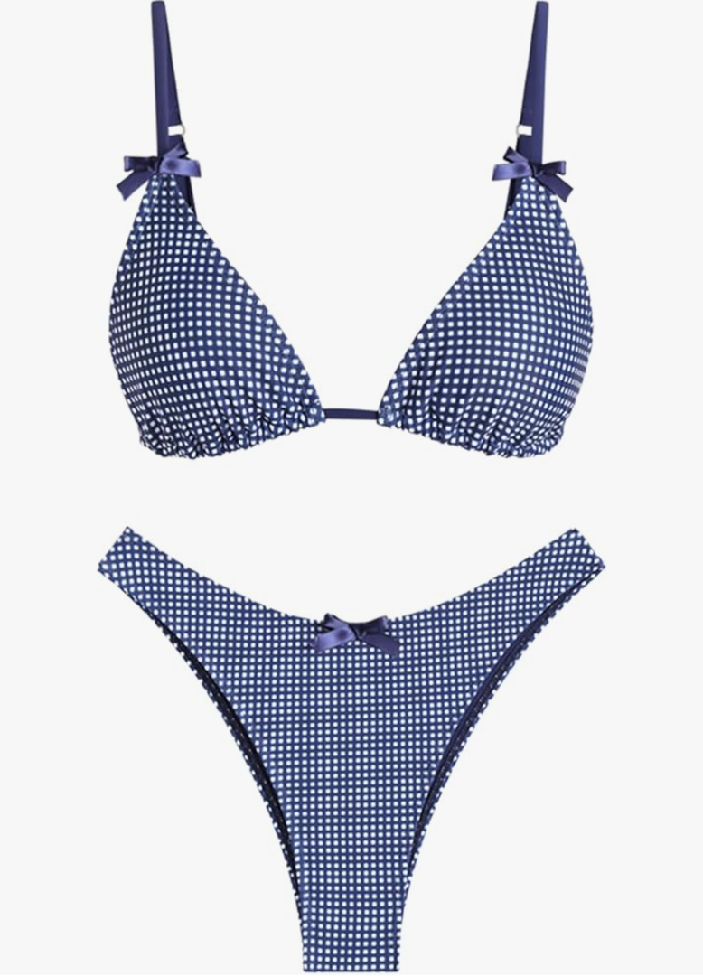 seamoly Women's Bikini Sets Tie Back Bowknot Two Piece Swimsuits Triangle Thong Bathing Suit Gingham Floral Cherry Printing Size XS