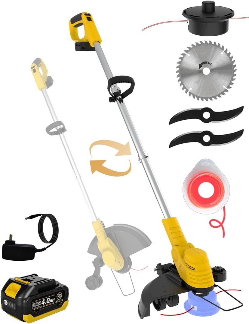 Battery Powered Weed Wacker 094 Two-Durable-Line Metal Blades, Super Brushless Motor, 4-in-1 Cordless Weed Eater+String Trimmer+Wheel Edger Lawn Tool+Cutter,Weed Whacker(One 4.0Ah Battery)
