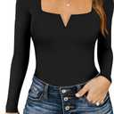 Chunpin Women's Short Sleeve Bodysuit Square Neck Notch V Neck Bodysuits Double Lined Tops Going Out Outfits Thong Bodysuits,L