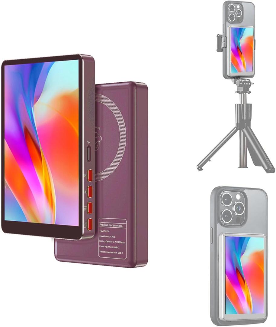 Vlog Selfie Monitor Screen(Alloy Case), Content Creator Essentials,Back Camera Magnetic Mirror Monitor for TikTok, Selfie, YouTube, Live Streaming, Screen Mirroring for iPhone Camera (Pink)