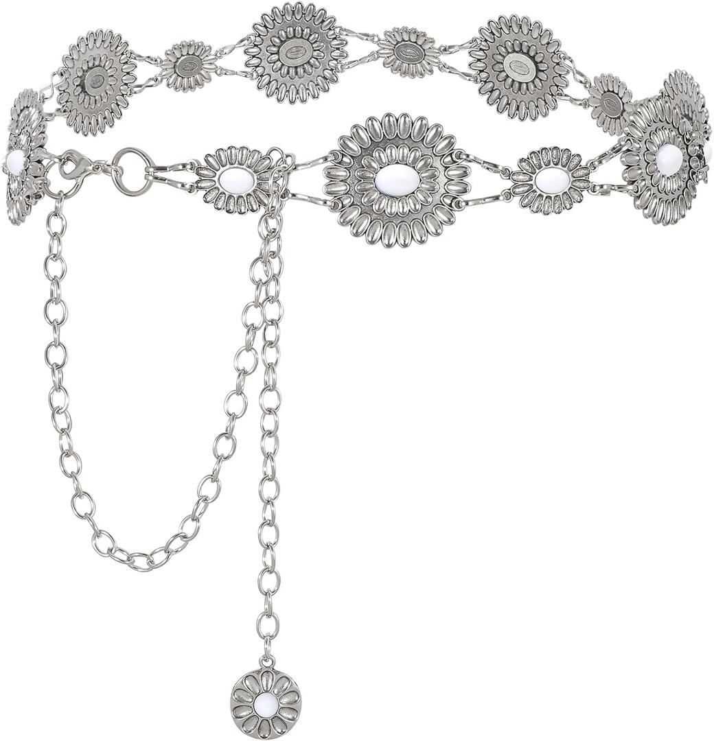 WHIPPY Women Concho Chain Belt Metal Link Western Cowgirl Turquoise Chain Belt for Dress (Fit Waist up to 43")