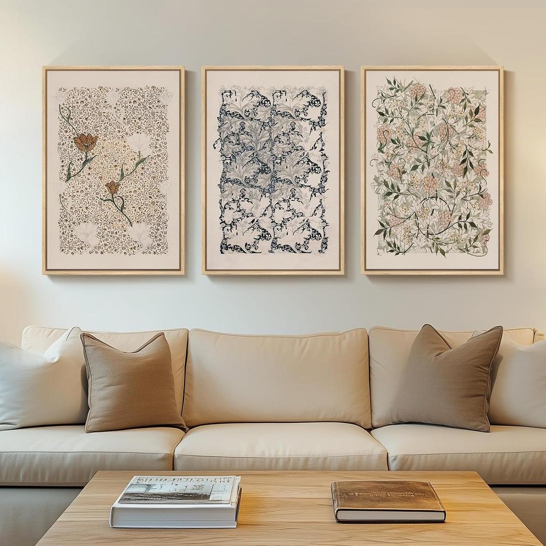 Framed Large William Morris Canvas Wall Art Set of 3, Vintage Nature Floral Artwork Prints, Boho Neutral Botanical Wall Decor for Living Room, Bedroom, Hallway and Office, Total Size 30x60, 20"W x 30" H x 3Pcs