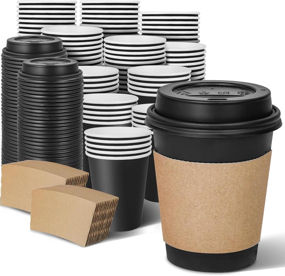 Ginkgo 8 oz (100 Pack) Disposable Paper Coffee Cups with Lids and Sleeves, Heat-Resistant Leak-Proof Black To Go Paper Cups for Hot Coffee, Cocoa, Chocolate and Espresso