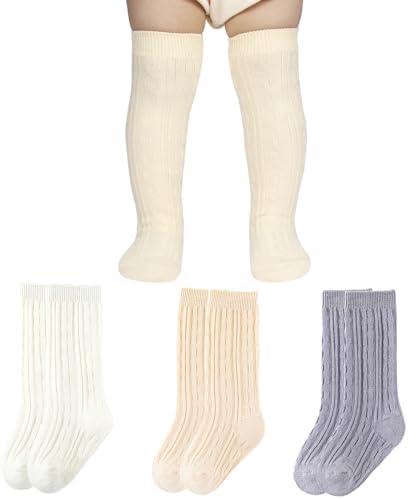 Aorffier Baby Knee High Socks, Toddler Knee High Socks Newborn Little Boy Girl Knit Cotton Stockings 0-36 Months (0-12 Months, Pair of 3)