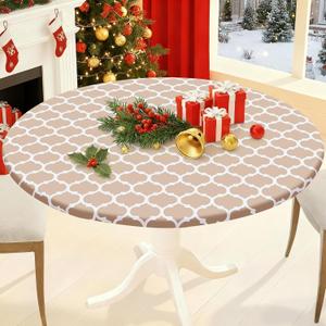 Smiry Round Picnic Tablecloth, Waterproof Elastic Fitted Table Covers for 36" - 44" Tables, Wipeable Flannel Backed Vinyl Tablecloths for Camping, Indoor, Outdoor, Khaki & White