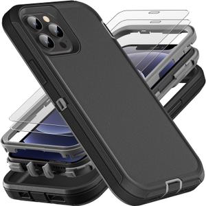 for iPhone 12/12 Pro Case, Military Grade 3 in 1 Heavy Duty Shockproof/Drop Proof/Dust Proof with 2Pcs Tempered Glass Screen Protector (Black/Grey)