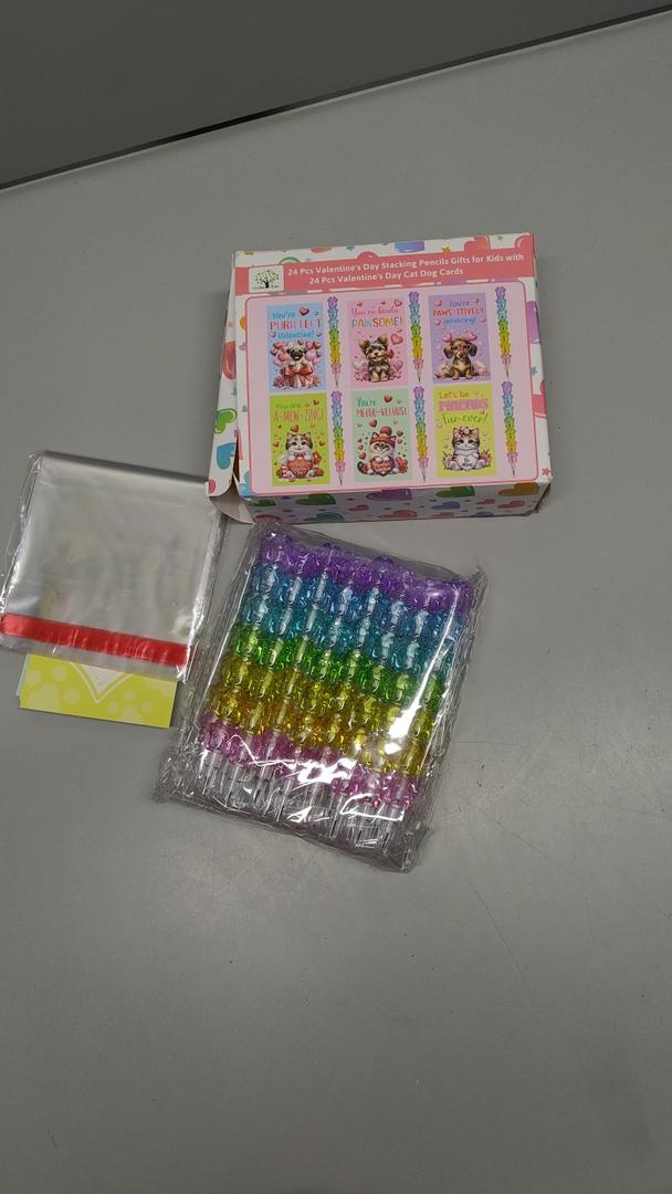 24 pcs Valentine's Day Stacking pencils gifts for kids with 24 Valentine's Day cat dog cards