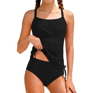 Girls Swimsuit Adjustable Straps Two Piece Tankini Set Criss Cross Ruched Drawstring Teen Bathing Suits for Girls 9-16Y (9-10 Years, Black)