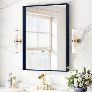 Keonjinn Blue Bathroom Vanity Mirror 24 x 32 Inch Rectangle Bathroom Wall Mirror for Over Sink Metal Framed Modern Navy Blue Mirror Square Corner Decorative Rectangular Mirror(Horizontal/Vertical) (32"L x 24"W)