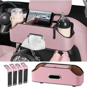 Car Rear Backseat Extra Multifunctional Drink Cup Holder Organizers with Tissue Storage Box Organizer & Hooks for Car Seat Back, Pink