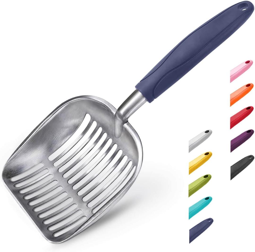 WePet Cat Litter Scoop, Aluminum Alloy Sifter, Kitty Metal Scooper, Deep Shovel, Long Handle, Poop Sifting, Kitten Pooper Lifter, Durable, Heavy Duty, for Litter Box (Large, FLAT Aluminum \ #01 Blue Handle)