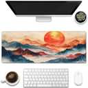 Large Gaming Mouse Pad for Desk,Watercolor Mountains and Sun Desk Mat,Abstract Golden Line Arts Desk Pad,Extended Big Computer Keyboard Mouse Pad with Non-Slip Base Stitched Edges 31.5"x11.8"