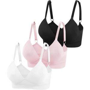 Eleplus 3 Pieces Deep V Wireless Bras for Women Seamless Comfy Bralettes Lightly Lined Multicolors Pack (Medium, Black+White+Pink)