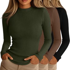 Riyiper 3 Pack Women's Ribbed Shirts, Mock Turtleneck Long Sleeve Tops Slim Fitted Undershirts Casual Basic Layering Tees (Medium, Black, Army Green, Brown)
