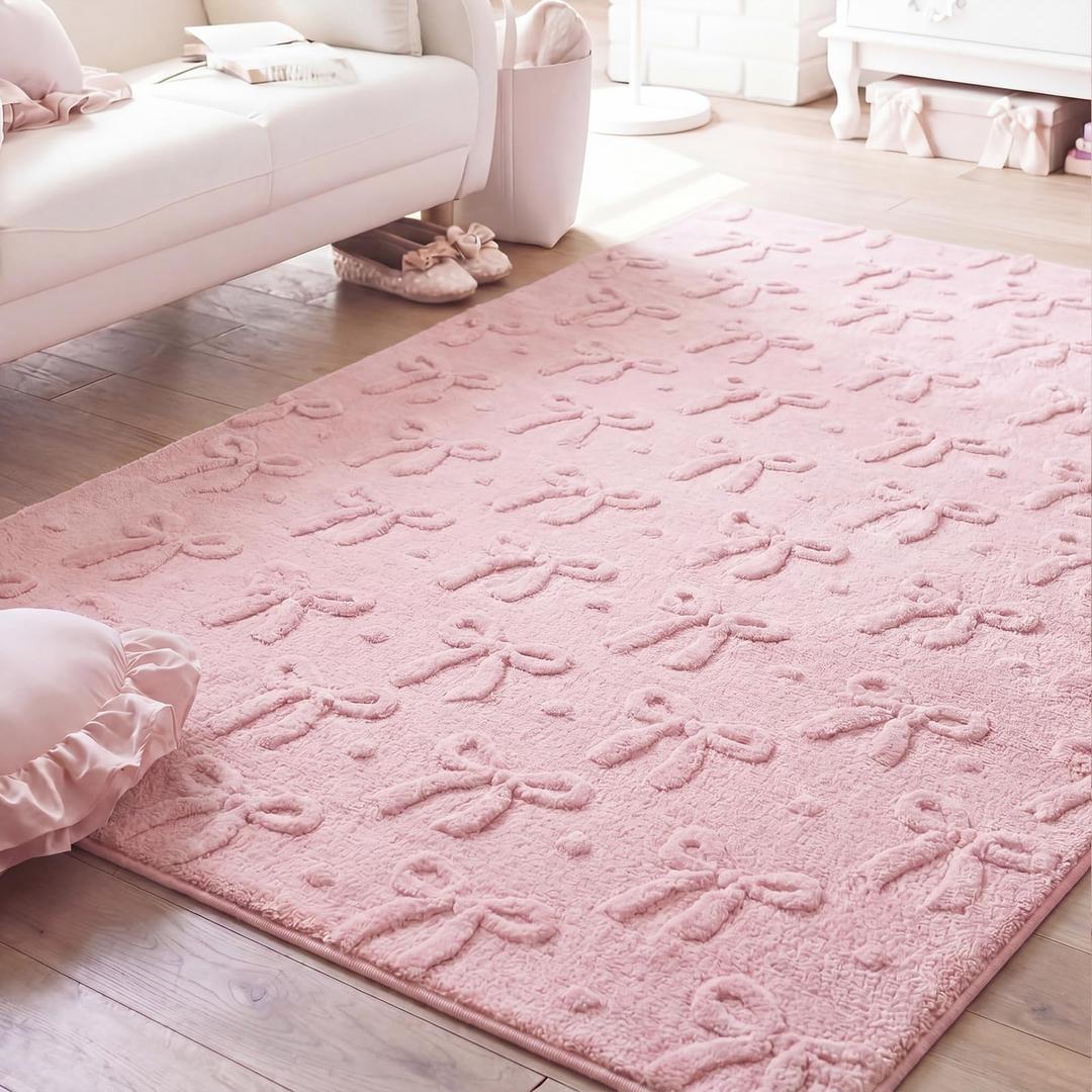 Klyyo Clyro Pink Bow Area Rugs 4 x 6 ft Cute Sweet Throw Rugs Pink Plush Faux Fur Aesthetic Soft Bedroom Carpet for Living Room Dining Playroom Nursery Family Indoor Dorm