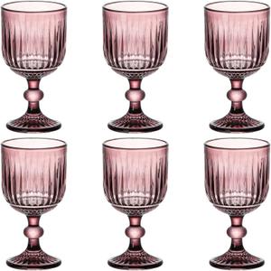 Taganov Purple Glasses Drinking set of 6 Colored Water Stemware Pink Goblets Glassware 11 oz for Wedding Party Bar Vertical Embossed Pattern Stemmed Cups 330 ml