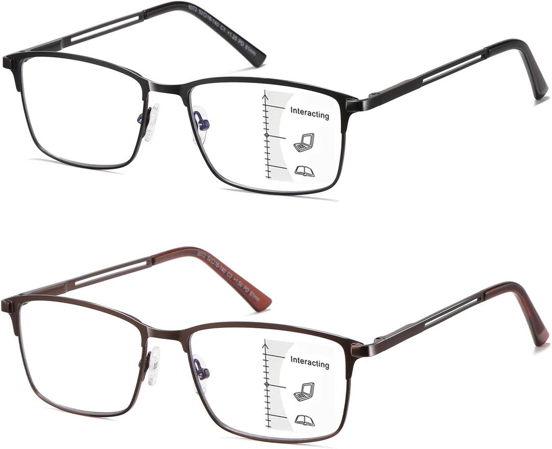 Progressive Multifocus Reading Glasses Men No Line Multifocal Transition Blue Light Readers Metal Wide Frame Eyeglasses (Multifocus ( Black & Brown ))