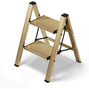 HillhutApex 2 Step Stool, Aluminum Foldable Step Ladder, Lightweight Stable Stool with Wide Non-Slip Pedals, 330lbs Bearing Capacity Ladder for Office,Home,Kitchen - Gold
