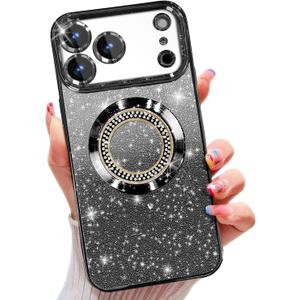 Misscase for iPhone 17 Pro Max Magnetic Glitter Case Compatible with MagSafe, Full Protection Slim Shockproof Anti-Scratch Case with Camera Lens Protector Plating Bling Dust-Proof Net Black