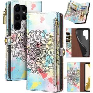 XcaseBar for Samsung Galaxy S23 Ultra Wallet case with Zipper Credit Card HolderRFID Blocking,Flip Folio Book PU Leather Phone Cases Shockproof Cover Men Women for Samsung S23Ultra case Mandala (Printing, Baby Blue-Printing)