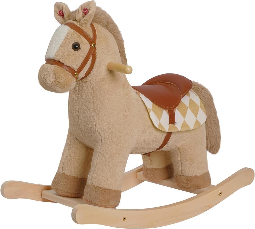 Rock My Baby Rocking Horse for Toddlers 18M+, Light Brown Plush Ride-On Horse Toy with Realistic Galloping Sounds, Upgraded Wooden Rocker for Boys and Girls, 25.2"L x 13.38"W x 14.56"H