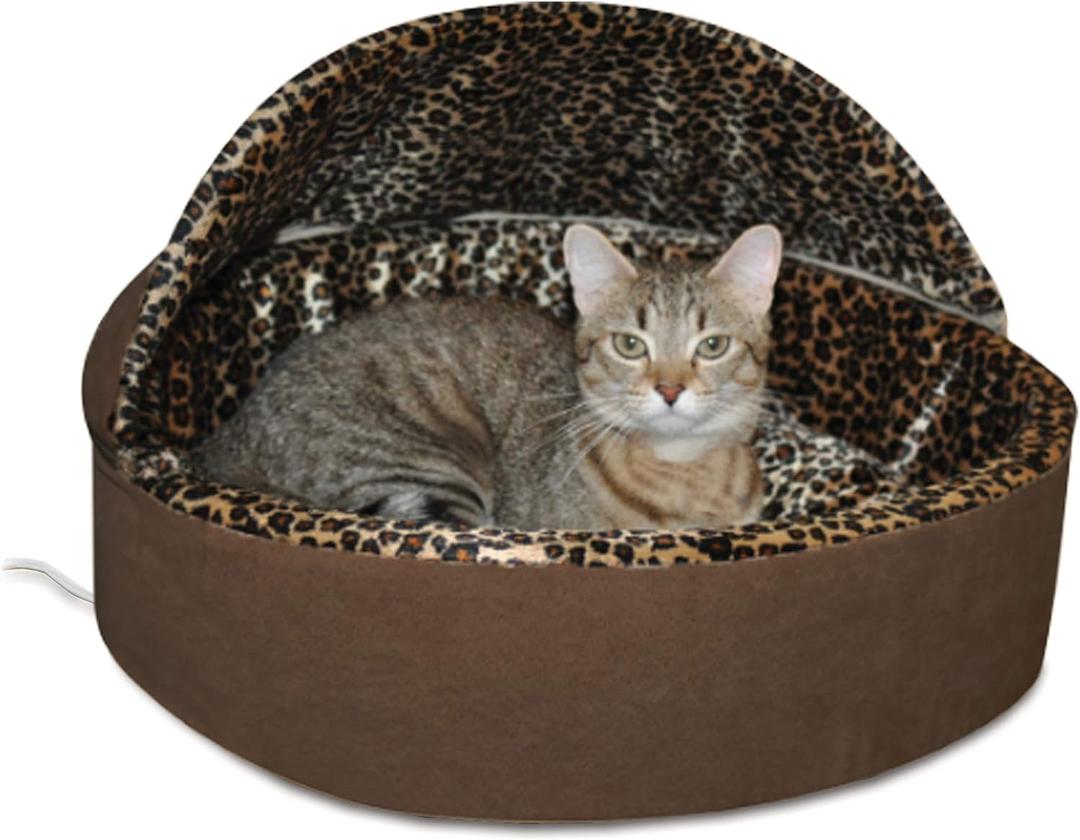 K&H Pet Products Thermo-Kitty Bed Deluxe Heated Cat Bed for Smaller Kitties - Indoor Heated Pet Bed for Dogs & Cats, Covered Cave Pet Tent, Machine Washable, Safety Listed - Small 16in Mocha/Leopard (16.0"L x 16.0"W x 14.0"Th, Mocha)