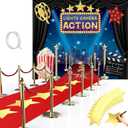 Frienda 6 x 5 ft Movie Theme Photography Backdrop Red Carpet Party Decorations Red Runner 2.6 x 15 ft with Carpet Tape and 24 Pieces 8 Inch Star Paper Cutouts for Party Decoration Supply